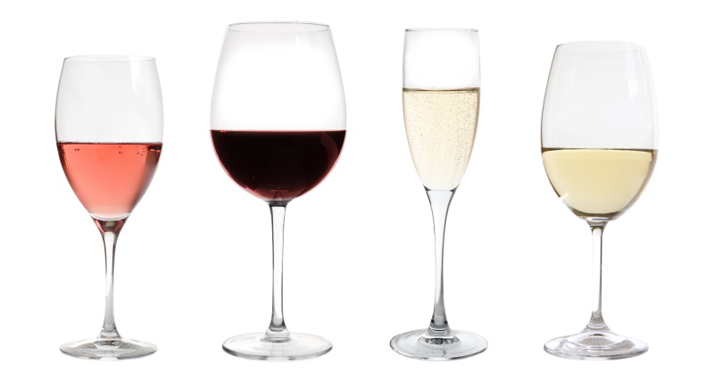 Different wine glass shapes in a row on white background